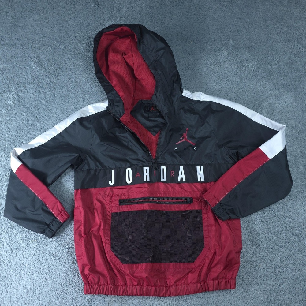 Jordan Jacket Boys 8-10 Red Black Hooded Half Zip Windbreaker Mesh Pocket